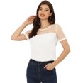 thumbnail image 1 of Blusa De Lunares De Manga Corta Con Cuello Redondo Y Panel De Malla Para Mujer Blanco L, 1 of 5