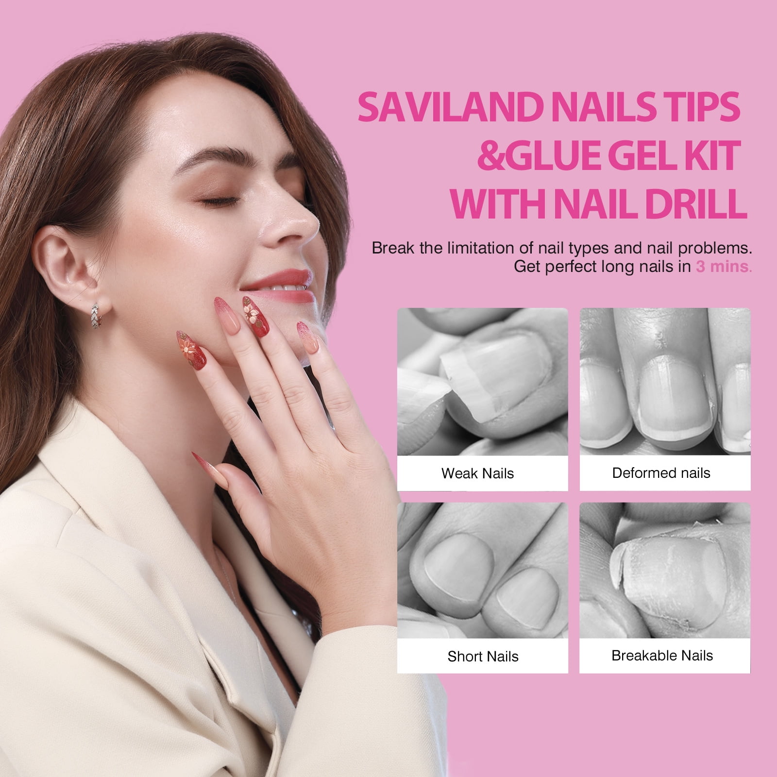 Saviland Gel X Nail Kit with Drill – Nails Tips and Glue Gel Kit with 4-in-1 Nail Glue Gel 500PCS Full Cover Short Square Nails Tips Nail Design Kit for Nail Extension
