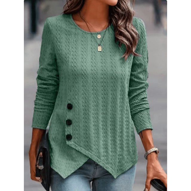 Women's Long Sleeve Round Neck Top Solid Color Button Jacquard T-Shirt Elegant Trend Autumn Top
