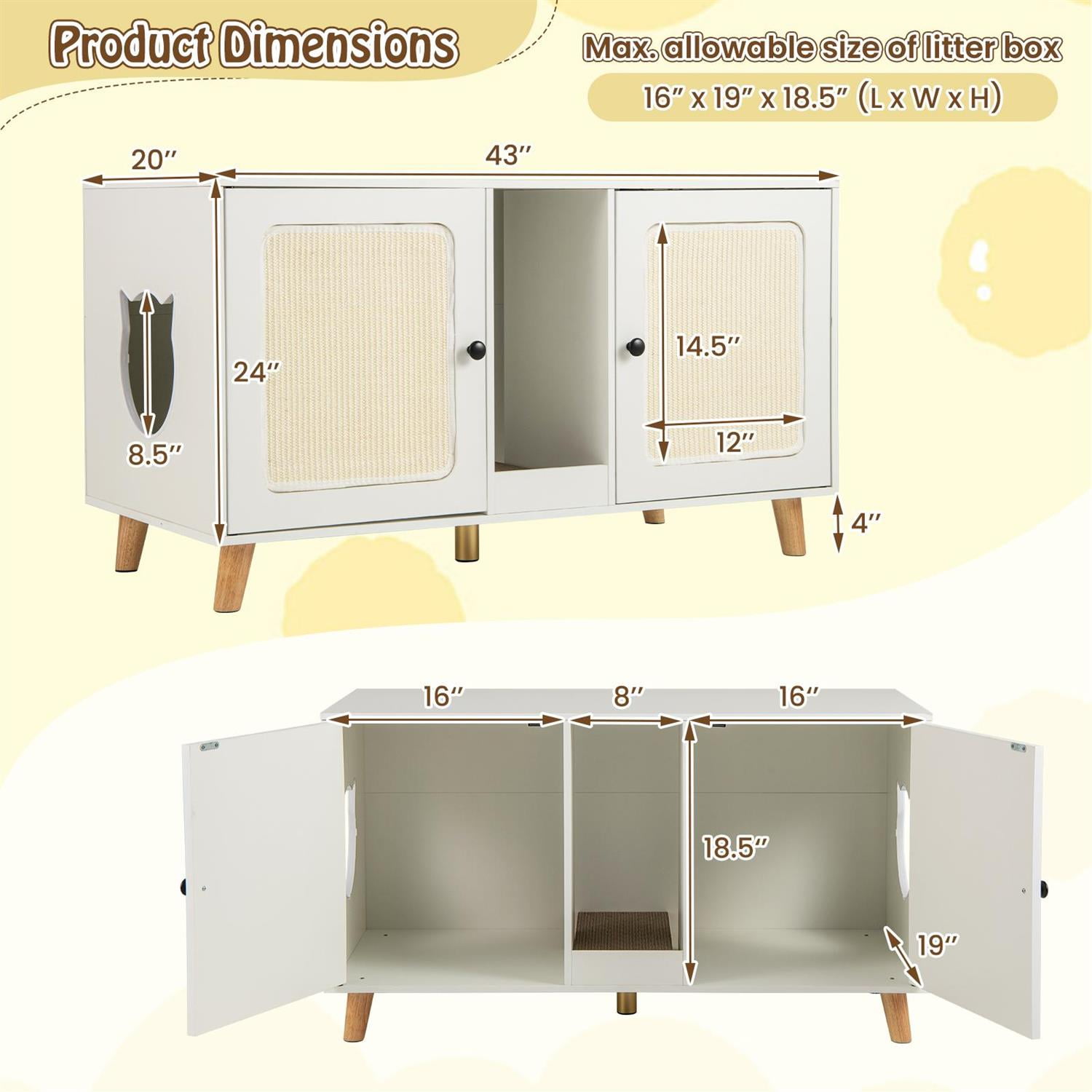 Pefilos 43" Cat Litter Box Enclosure, Double Rooms & 2 Sisal Mats, Rubber Wood Legs, White