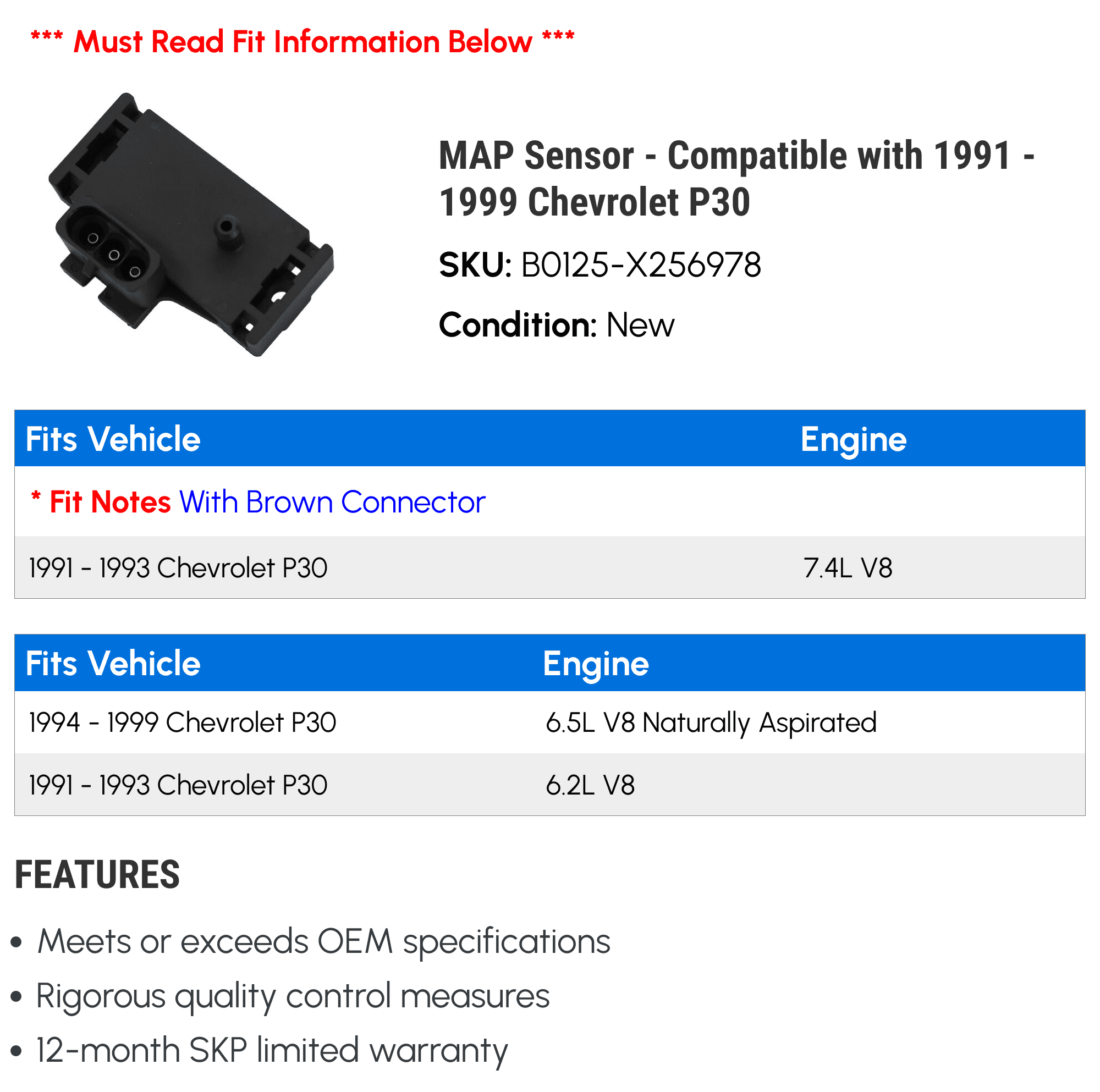 MAP Sensor - Compatible with 1991 - 1999 Chevy P30 1992 1993 1994 1995 1996 1997 1998