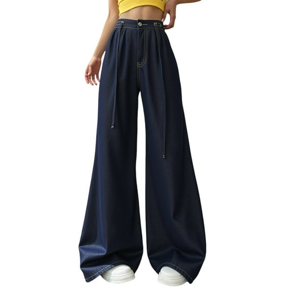 Fiaer,Wide Leg Jeans High Wasited Drawstring Baggy Denim Pants with Pockets Plus Size Loose Fit Palazzo Trousers Dark Blue S