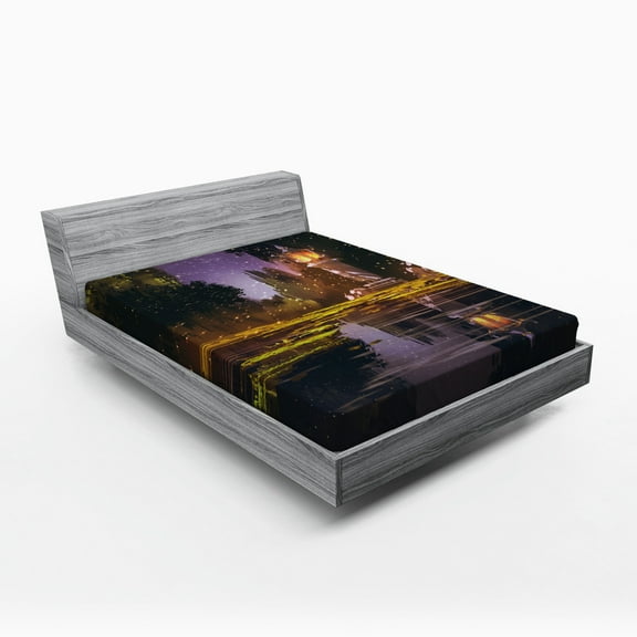 Ambesonne Landscape Fitted Sheet, Forest Night Swamp Art, Full Size, Multicolor