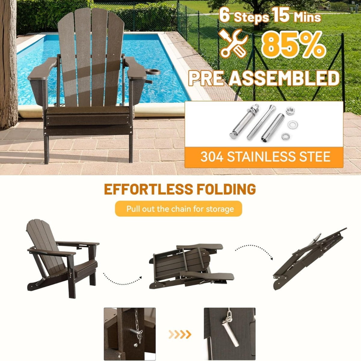 TOPCOMFY Adirondack Chair Folding All-Weather HDPE Plastic Outdoor Patio Lawn Fire Pit Seating with Cup Holder Brown