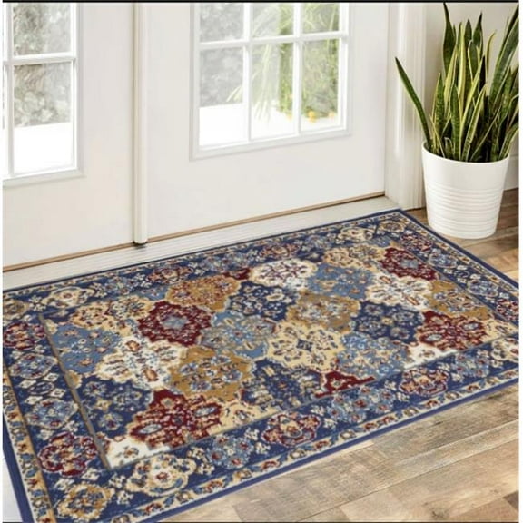 HomeRoots 546050 3 x 5 ft. Ogee Distressed Non Skid Rectangle Area Rug, Red, Blue & Light Brown
