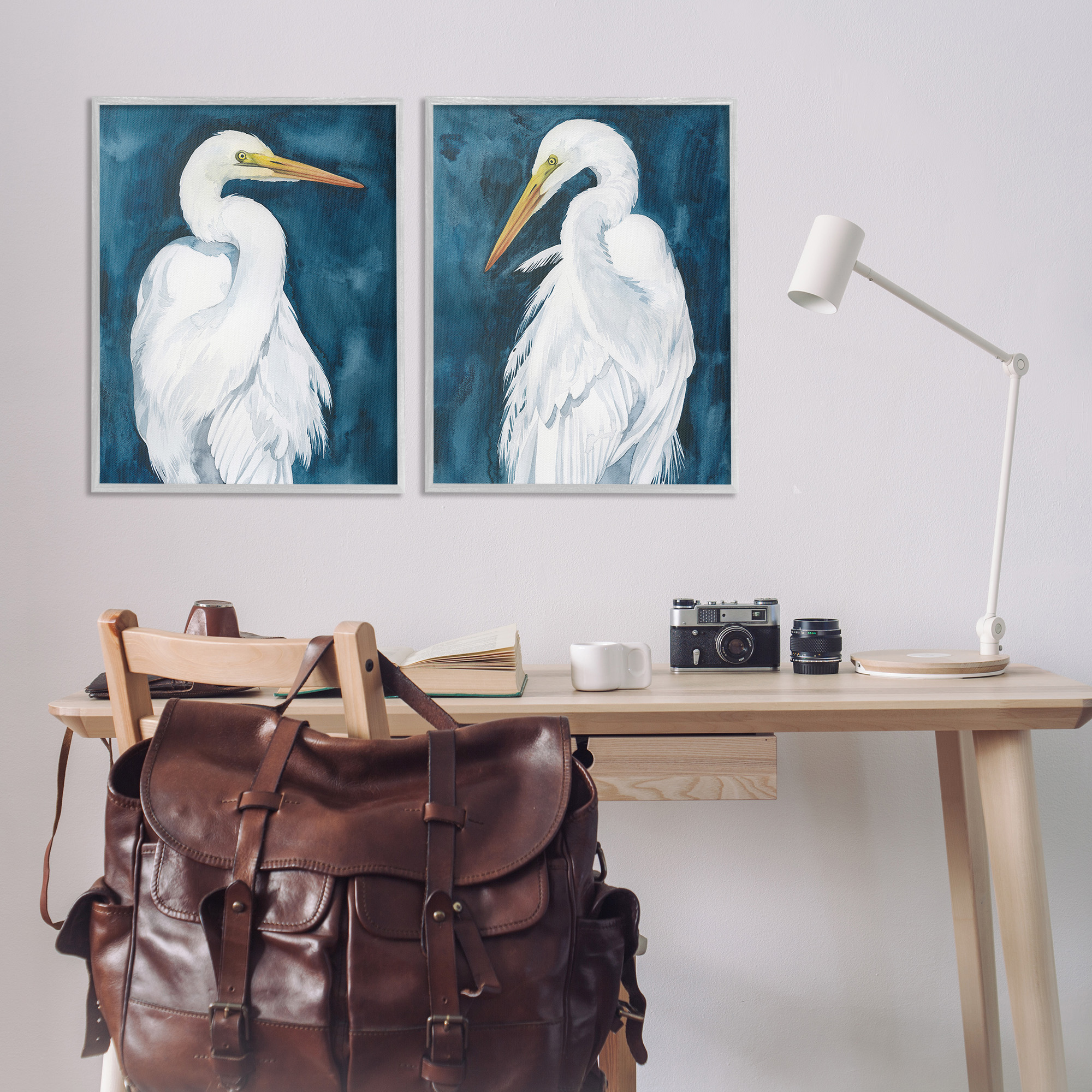 Stupell Industries Elegant Egrets on Blue Animals & Insects Painting Gray Framed Art Print Wall Art, 24 x 30, Set of 2