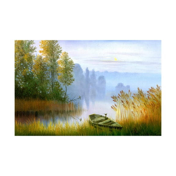 Art.com Wooden Boat On The Bank Of Lake On A Decline Art Print by balaikin2009, 36" x 24"