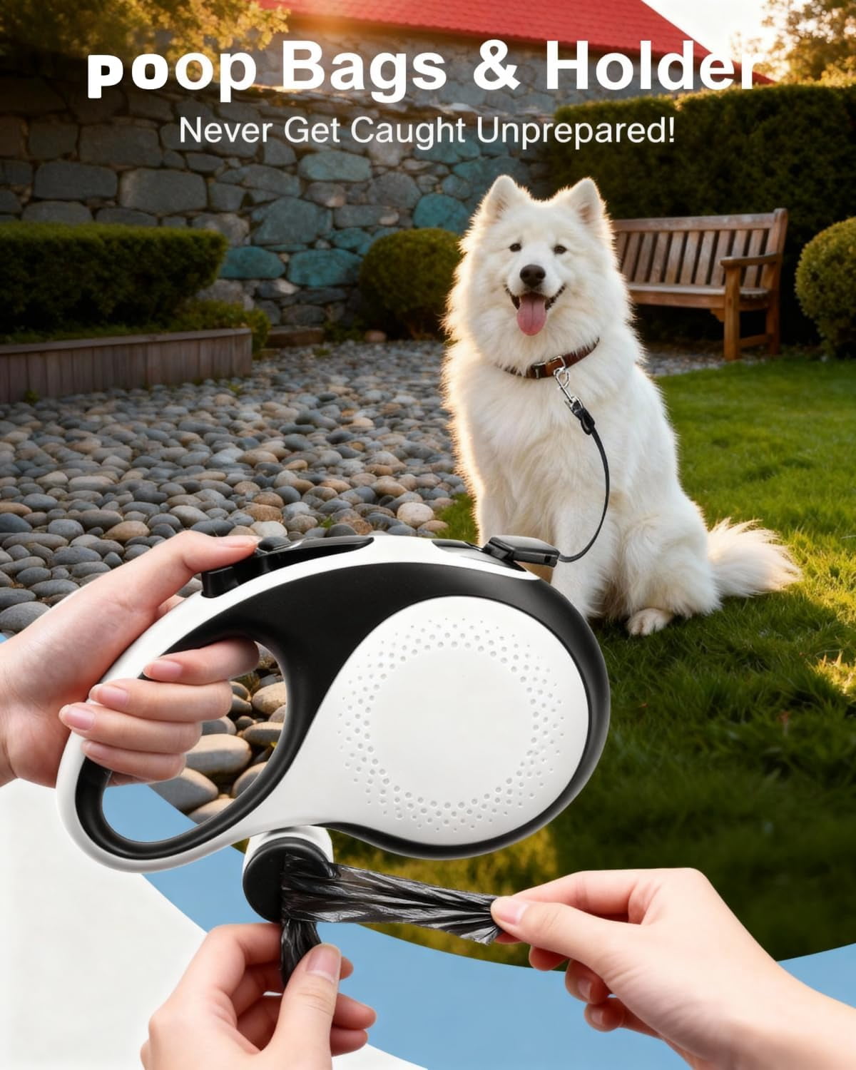360° Tangle-Free Retractable Dog Leash with Chew Proof Extender | 26ft Upgraded Heavy Duty Retractable Dog Leash with Poop Bag Holder | One-Handed Brake, Pause, Lock (Extra Large, White)