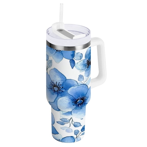 40 oz Stainless Steel Tumbler Vacuum Insulated Leak Proof Stainless Steel Coffee Cup Water Bottles Cartoon Blue Flowers