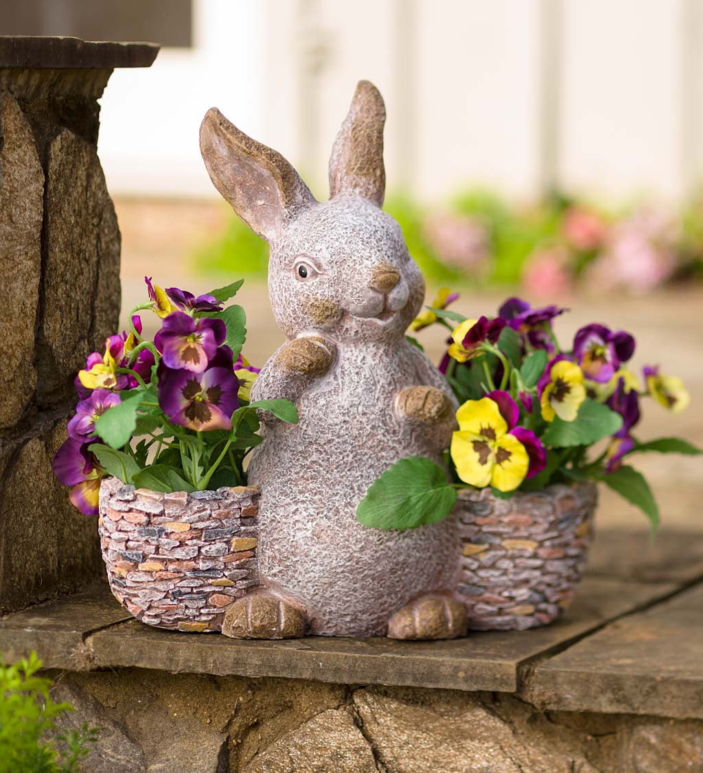 Faux Stone Bunny Statue Double Outdoor Planter