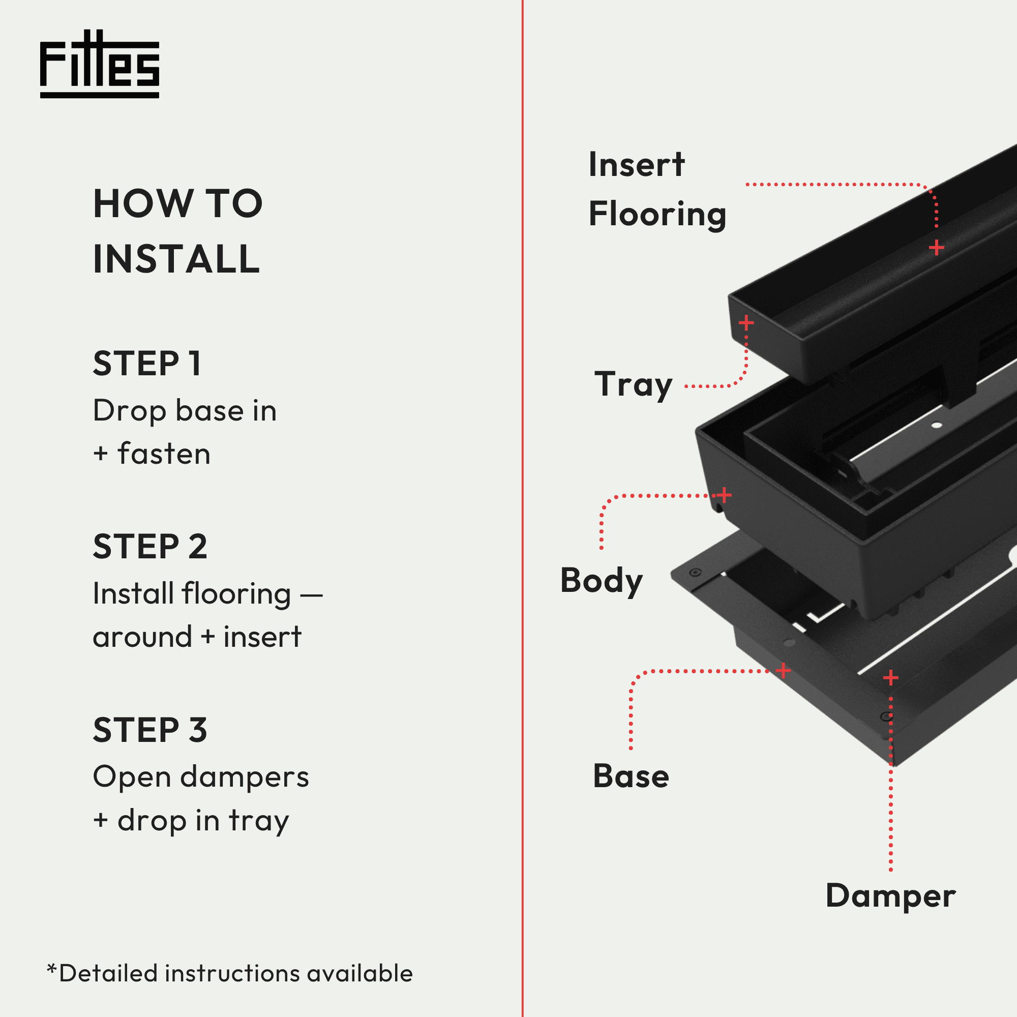 Fittes Flush Floor Vent [Lite+], ABS Plastic HVAC Air Return Register Cover, Customizable Adjustable Improved Airflow Solution for Home Floor, Damper Included – 4"x10" – Matte Black – 1 Pack