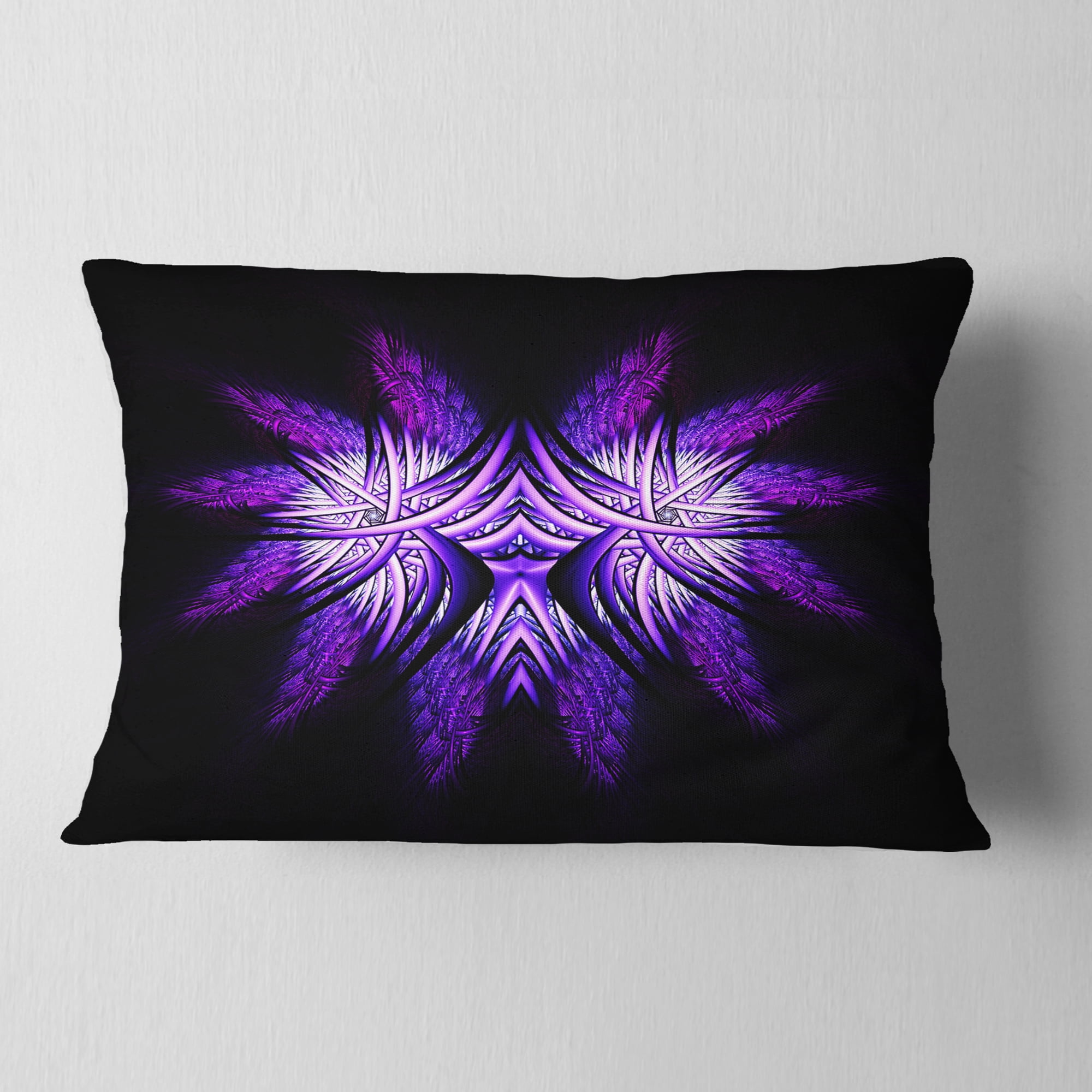 Designart Bright Purple in Black Fractal Flower - Abstract Throw Pillow - 12x20