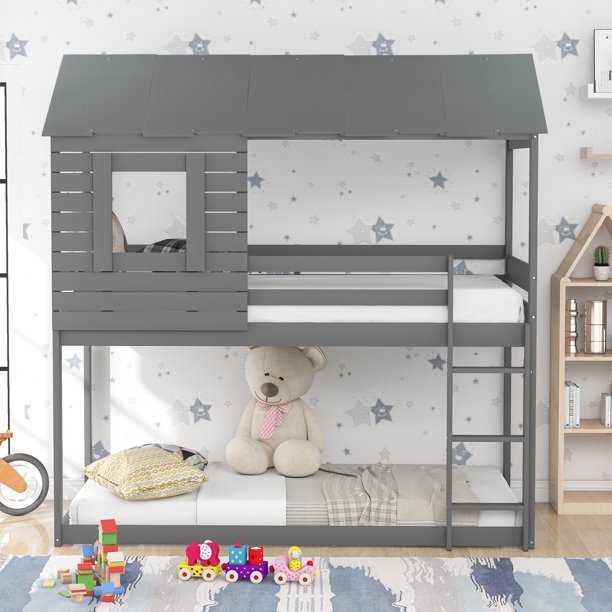 Low Bunk Beds Twin over Twin, SYNGAR House Twin Size Bunk Beds with Roof, Window, Ladder and