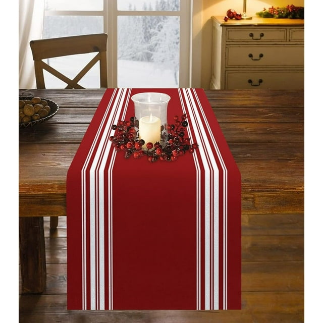 Chemin de Table en Coton et Lin 90 Pouces de Long, Rayures Rouges de Noël, Écharpes de Commode en Toile de Jute pour Salle à Manger de Ferme Café Fête de Vacances Mariage Événements Lavable en Machine Grange de Campagne
