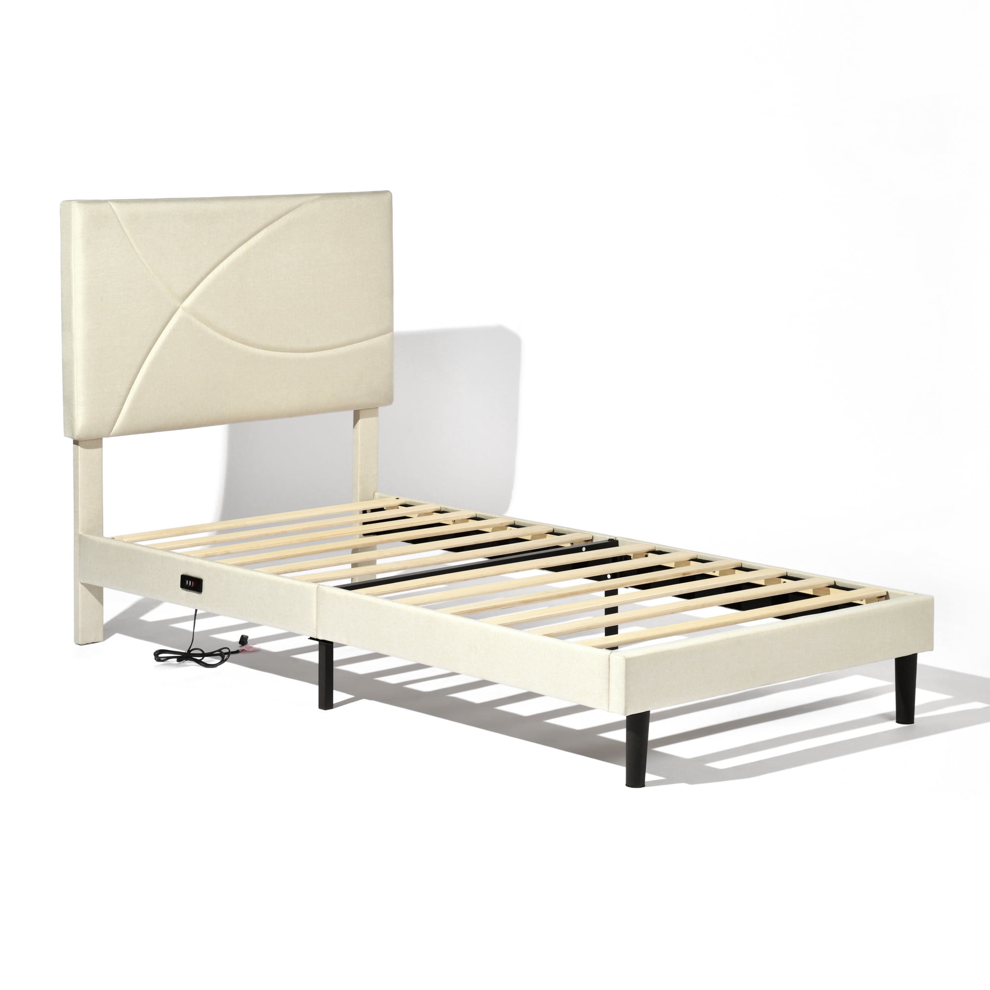 Homy Casa Twin Size Platform Bed Frame with LED Lights and USB Charging Station, Beige Fabric