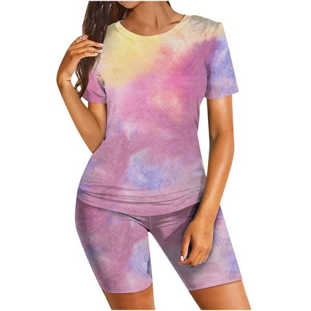

HTNBO New Arrivals Women s Workout Sets 2 Piece Short Sleeve T Shirts Elastic Waist Short Pants Lounge Pajamas Sports Yoga Sets