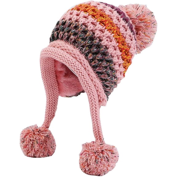 YooGuoGuo Women Fleece Lined Beanie Cap Contrast Color Warm Knitted Ski Hat w/Earflap Pom