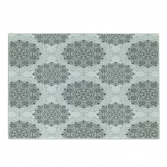 Orient Cutting Board, Ornamental Illustration of Circular Formations with Swirls Dots and Strokes, Decorative Tempered Glass Cutting and Serving Board, in 3 Sizes, by Ambesonne