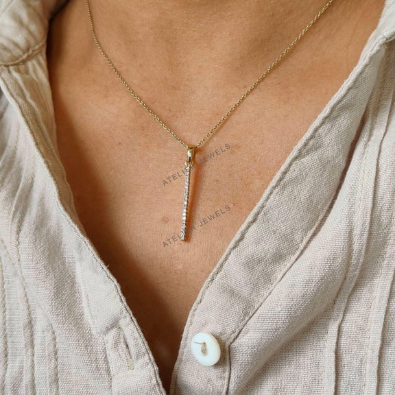 14K Gold Natural Diamond Bar Pendant Necklace, Dainty Yellow Gold