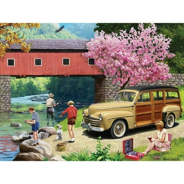 Bits and Pieces - 300 Piece Jigsaw Puzzle for Adults 18" x 24" - Our Favorite Spot - 300 pc Family Spring Car Bridge Fishing River Jigsaw by Artist Kevin Walsh