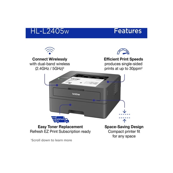 Brother HL-L2405W - Imprimante - N/b - laser - A4/Legal - 1200 x 1200 Ppp - jusqu'à 30 ppm - Capacité: 250 Feuilles - USB 2.0, Wi-Fi(n)