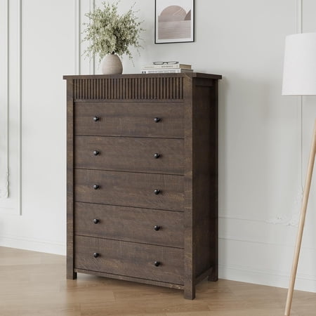 5 Drawer Dresser for Bedroom Wooden Chest of Drawers Fluted Storage Organizer for Living Room Hallway and Entryway Walnut