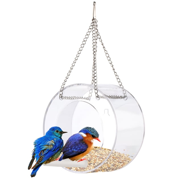Clear Window Bird Feeder with Suction Cup Hanging Chain and Standing Pole Transparent Round Outside