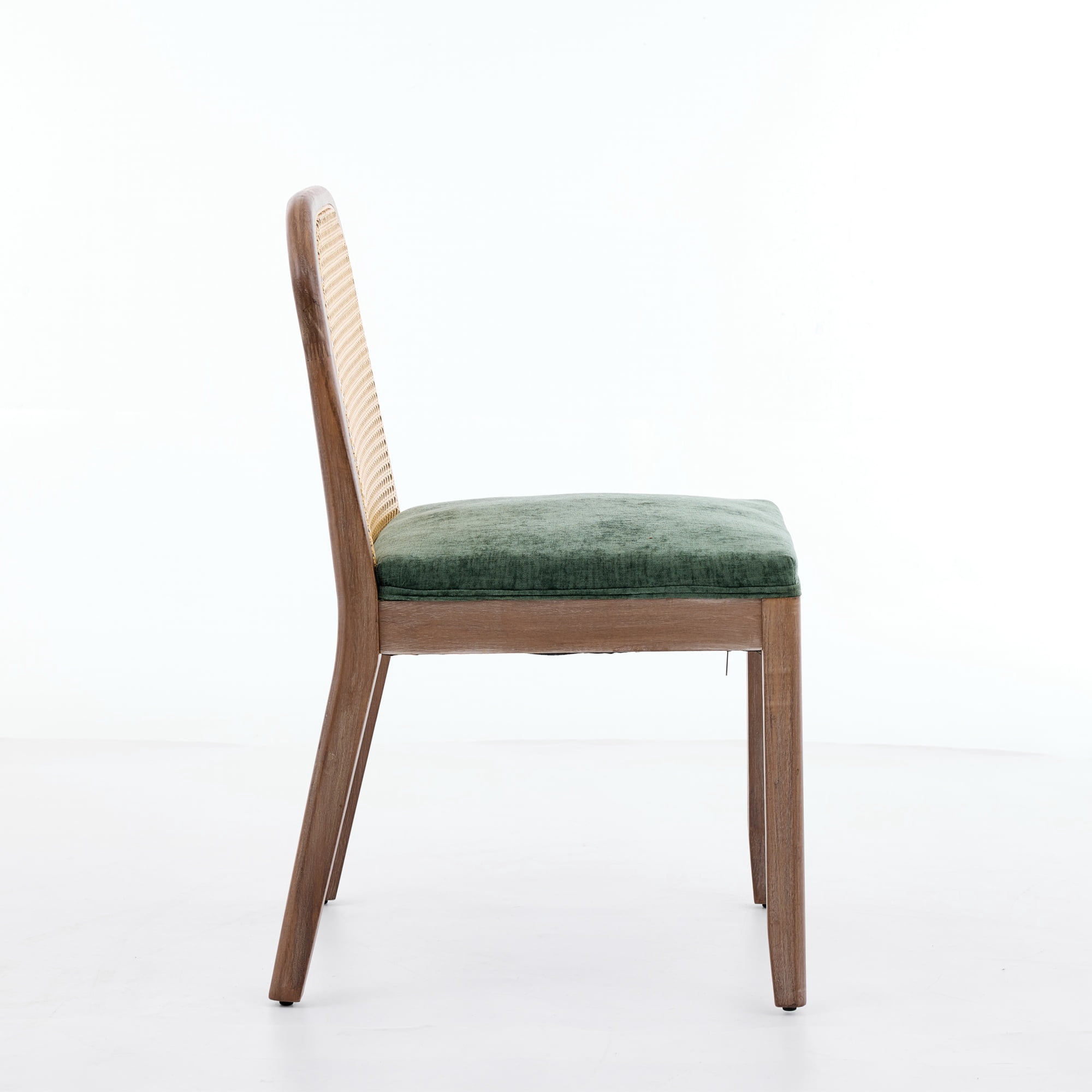 Set of 2 Curved Arched Cane Back Dining Chairs with Chenille Cushion, Mid-Century Farmhouse Side Chairs with Solid Wood Frame, Olive Green