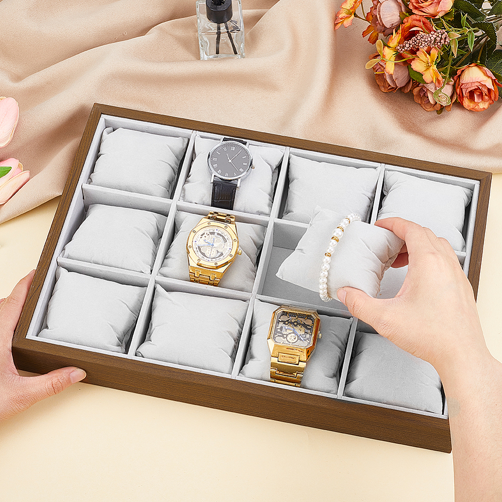 Velvet Watch Tray 12 Grid Watch Organizer Jewelry Tray Camel Stackable Bracelet Bangle Display Case Holder Jewelry Show Trays with Adjustable Pillow for Men Women Bracelet Bangle Watches DIY