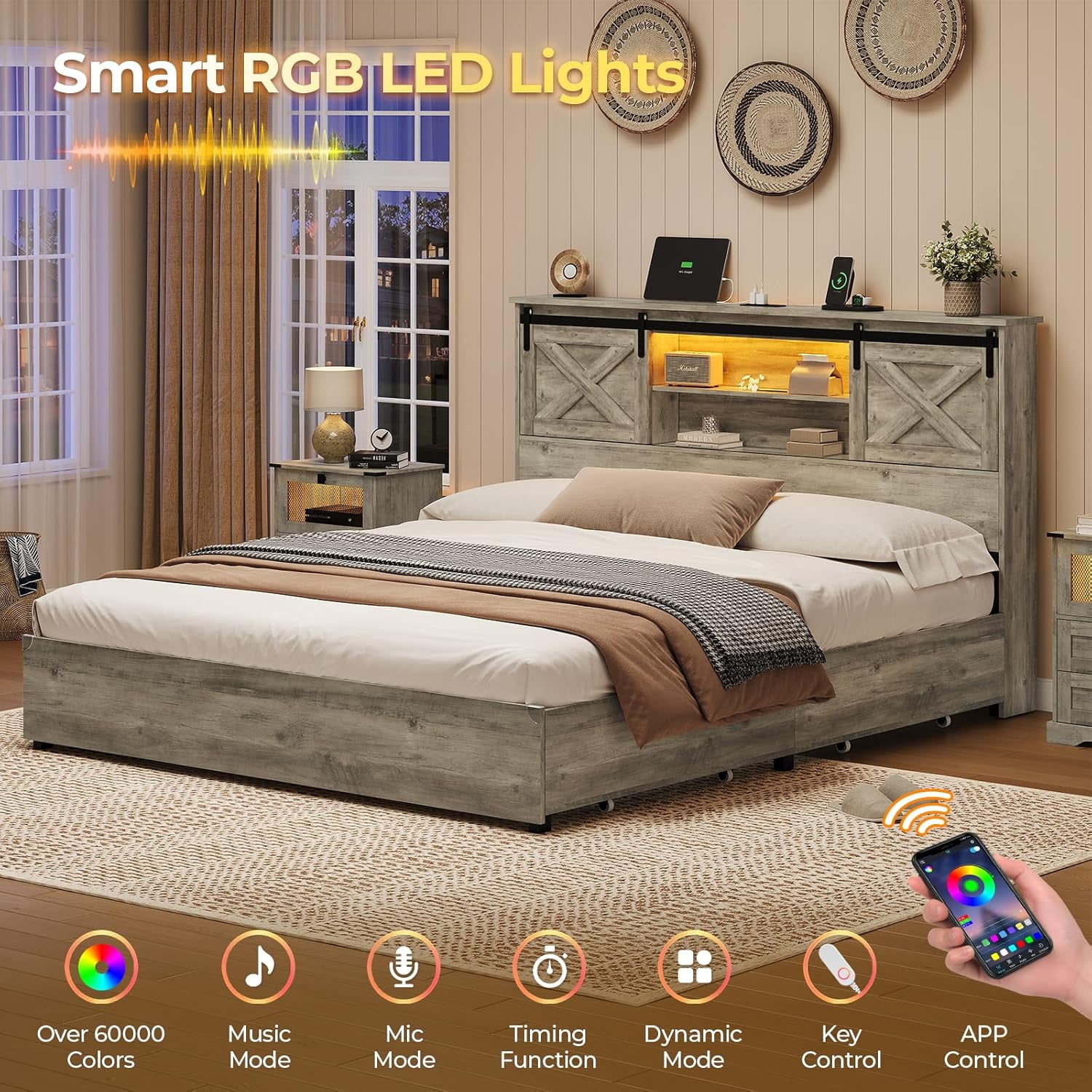 Farmhouse King Size Bed Frame with Charging Station & LED Lights,Wooden Platform King Beds with 4 Storage Drawers,Storage Headboard and Sliding Barn Door,Gray