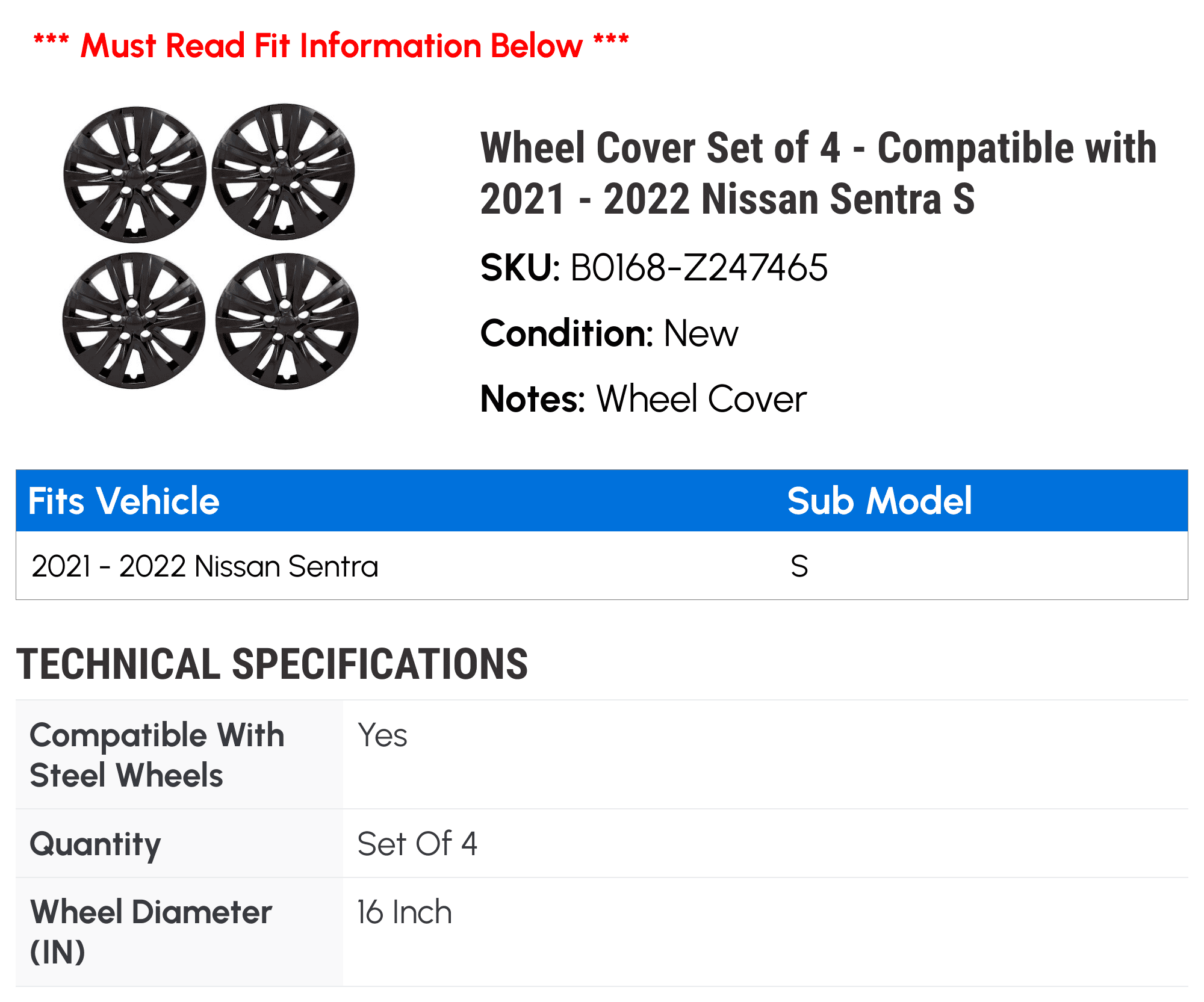 Wheel Cover Set of 4 - Compatible with 2021 - 2022 Nissan Sentra S