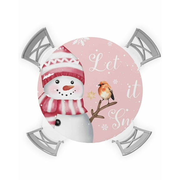 Pink Snowman Christmas Table Cloth, Round Fitted Tablecloths with Elastic Edge, Xmas Snowflake Birds Wipeable Waterproof Table Cover for Kitchen Wedding 55-60 Inches