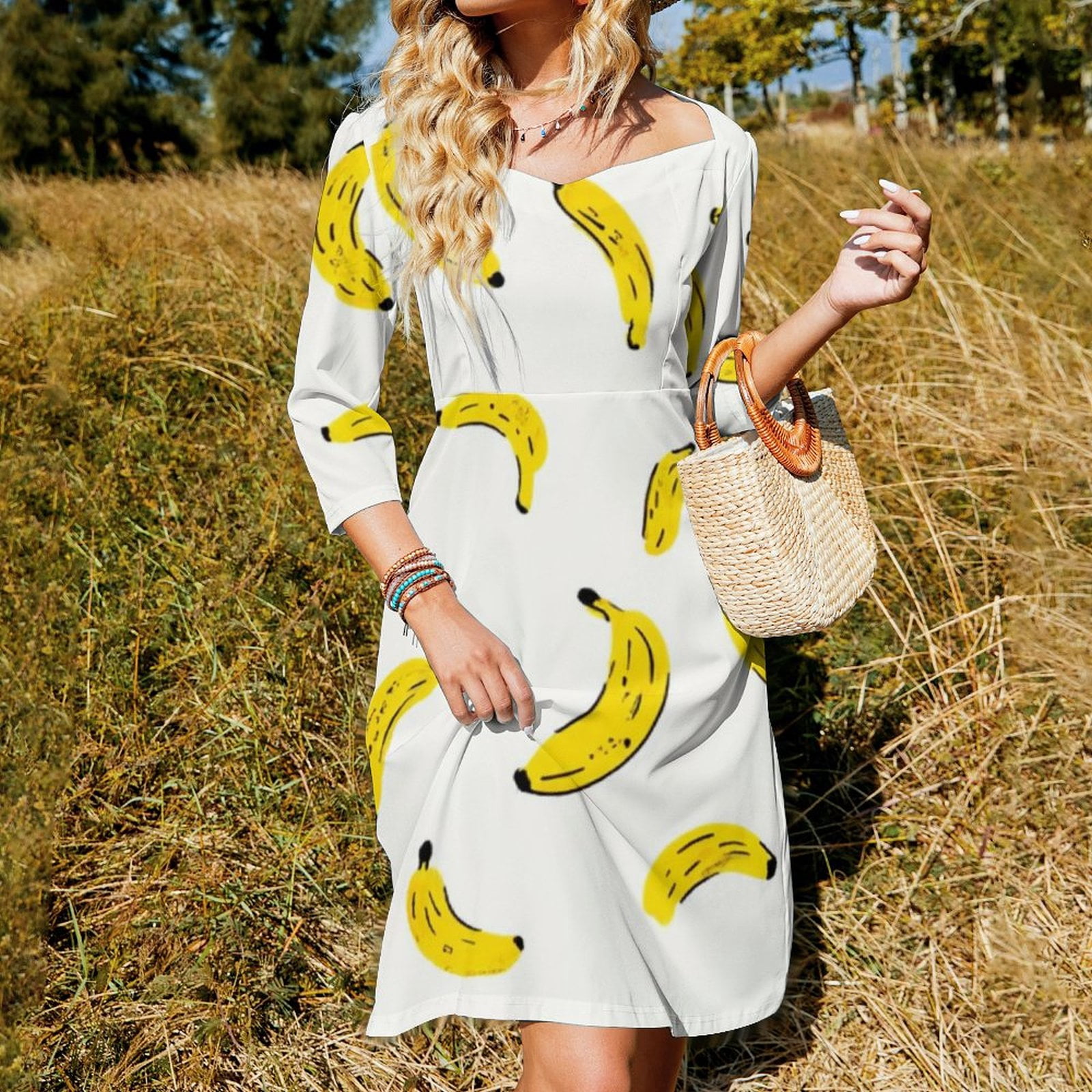 Yellow Bananas Playful White Background Women's 3/4 Sleeve Dresses