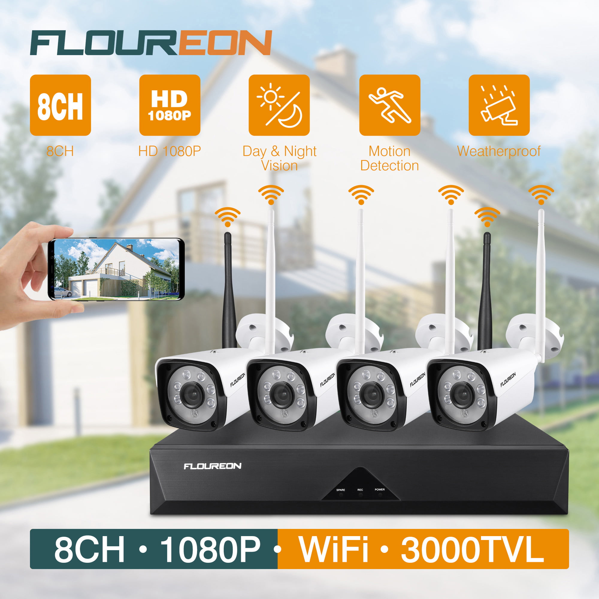 Floureon 8CH 1080P HD Überwachungskamera NVR DVR Set 4 Außen WiFi Funk IP Kamera 