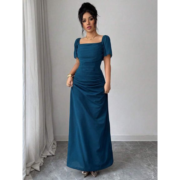 Teal Blue Elegant Fitted Square Neck Short Sleeve Maxi Dress For Women