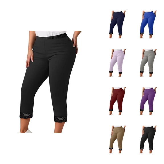 Capri Leggings for Women Elastic High Waist Slim Fit Lace Hem Stretchy Workout Yoga Pants Capris Leggings