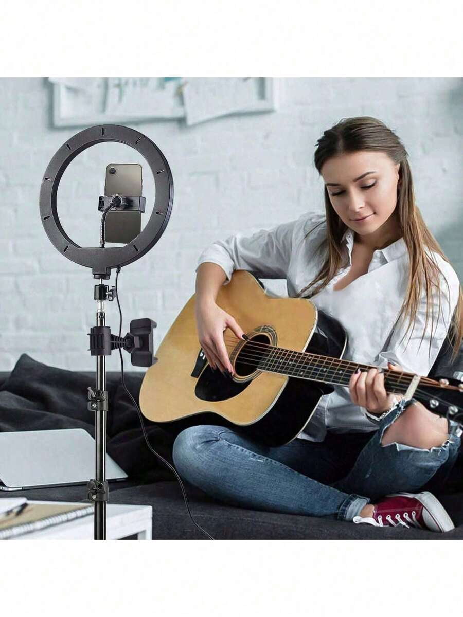 10 Inch LED Ring Light with 43" Tripod, 2 Phone Holders, 3 Color Modes, Adjustable Brightness, USB Powered for Live Streaming, Video Conferencing, Selfies, Makeup -Includes Flexible Tripod & 2 Stands