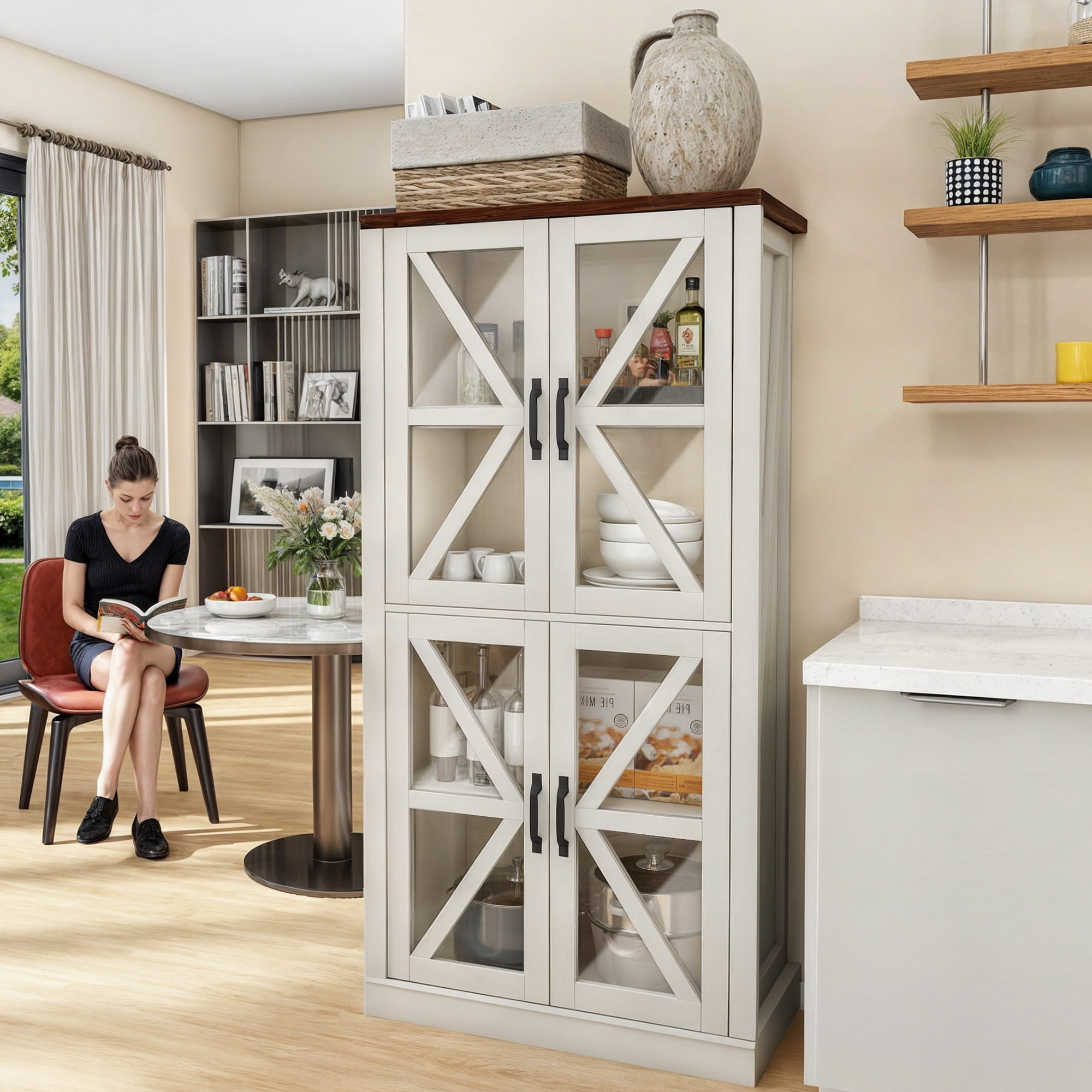 DEXTRUS 66" Freestanding Kitchen Pantry Cabinet with 4 Shelves and Doors, Storage Cabinet for Kitchen Dining Room Living Room, White