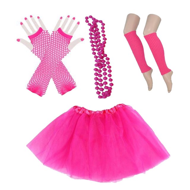 KAKOWELY Pendientes de neón con encaje de los 80, guantes de red sin dedos, falda tutú con cuentas y mangas para fiesta de los 80 (rosa)