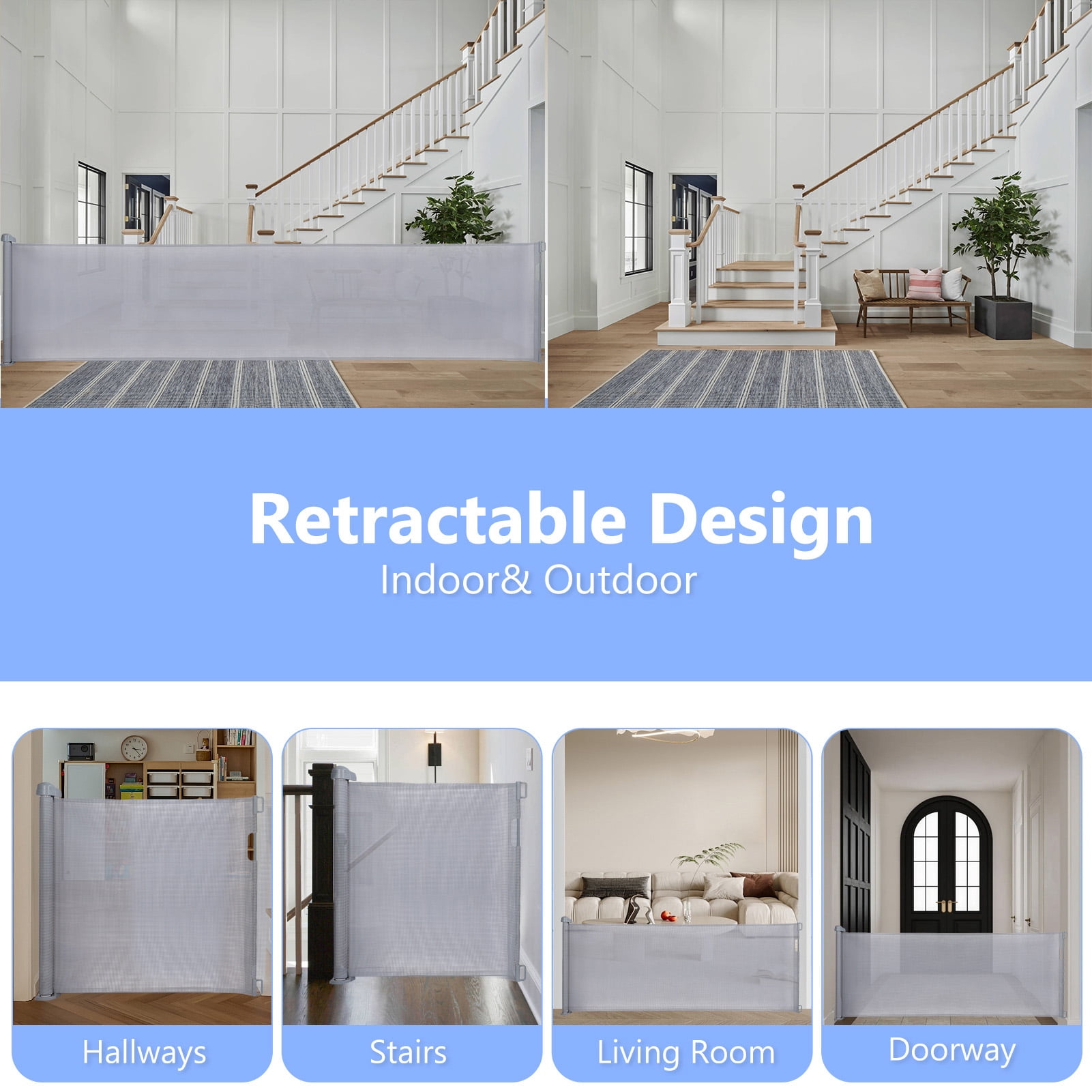 Retractable Baby Gate 35x138" Extra Wide Mesh Dog Gate Child Safety Gate for Doorways, Indoor Outdoor Stairs, Gray