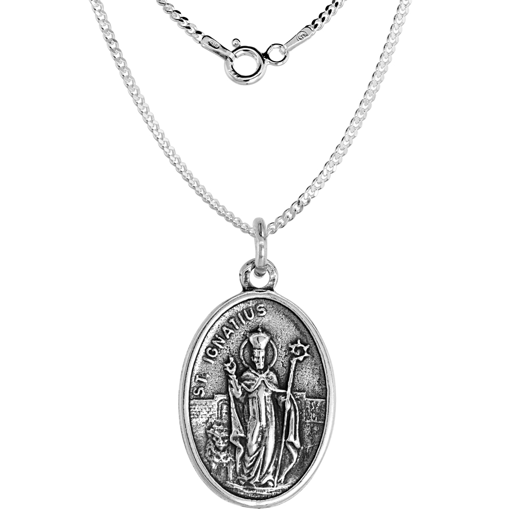 Sterling Silver St Ignatius Medal Necklace Oval 16 inch 1.8mm