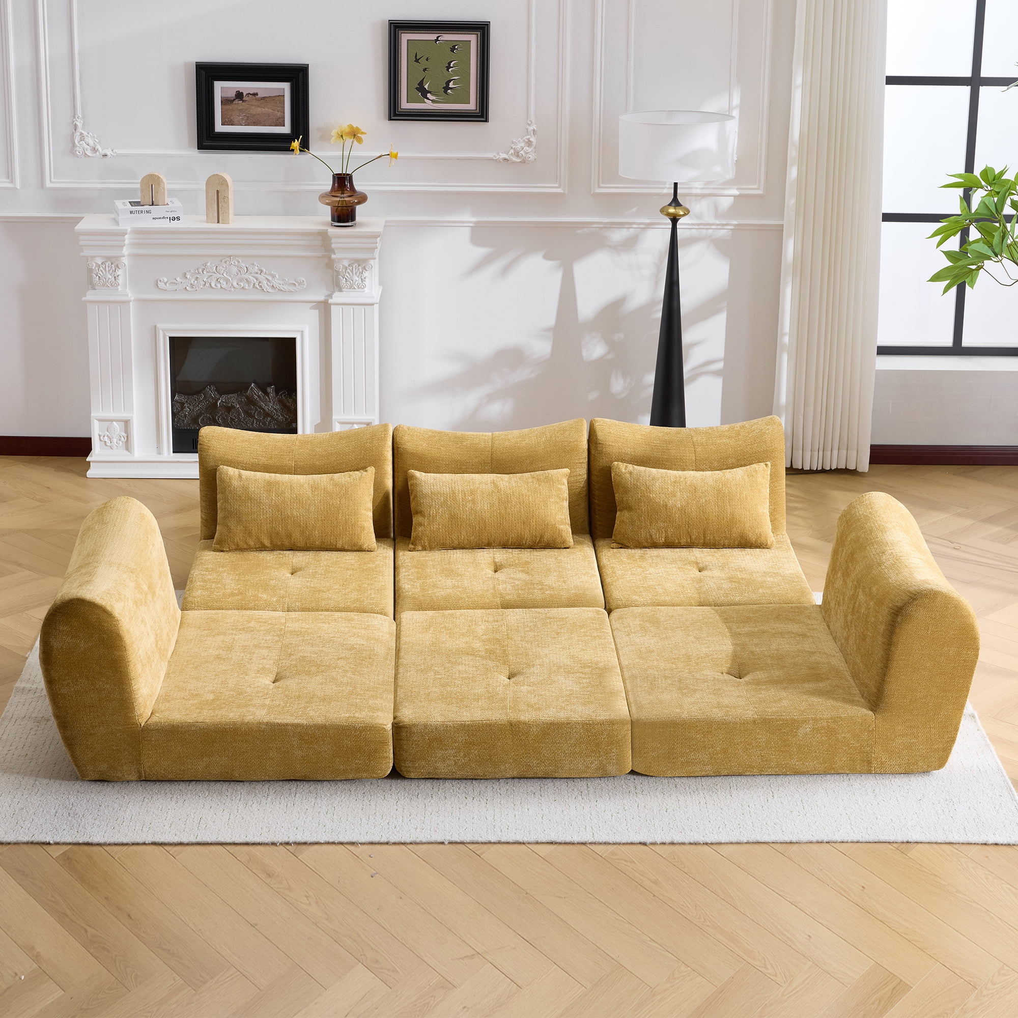 Modular Cloud Sofa, Convertible Folding Sofa Bed, Sectional Cushioned Sofa with Wear-Resistant Flannelette Fabric and High-Density Foam, Versatile Modular Design for Living Room, Yellow
