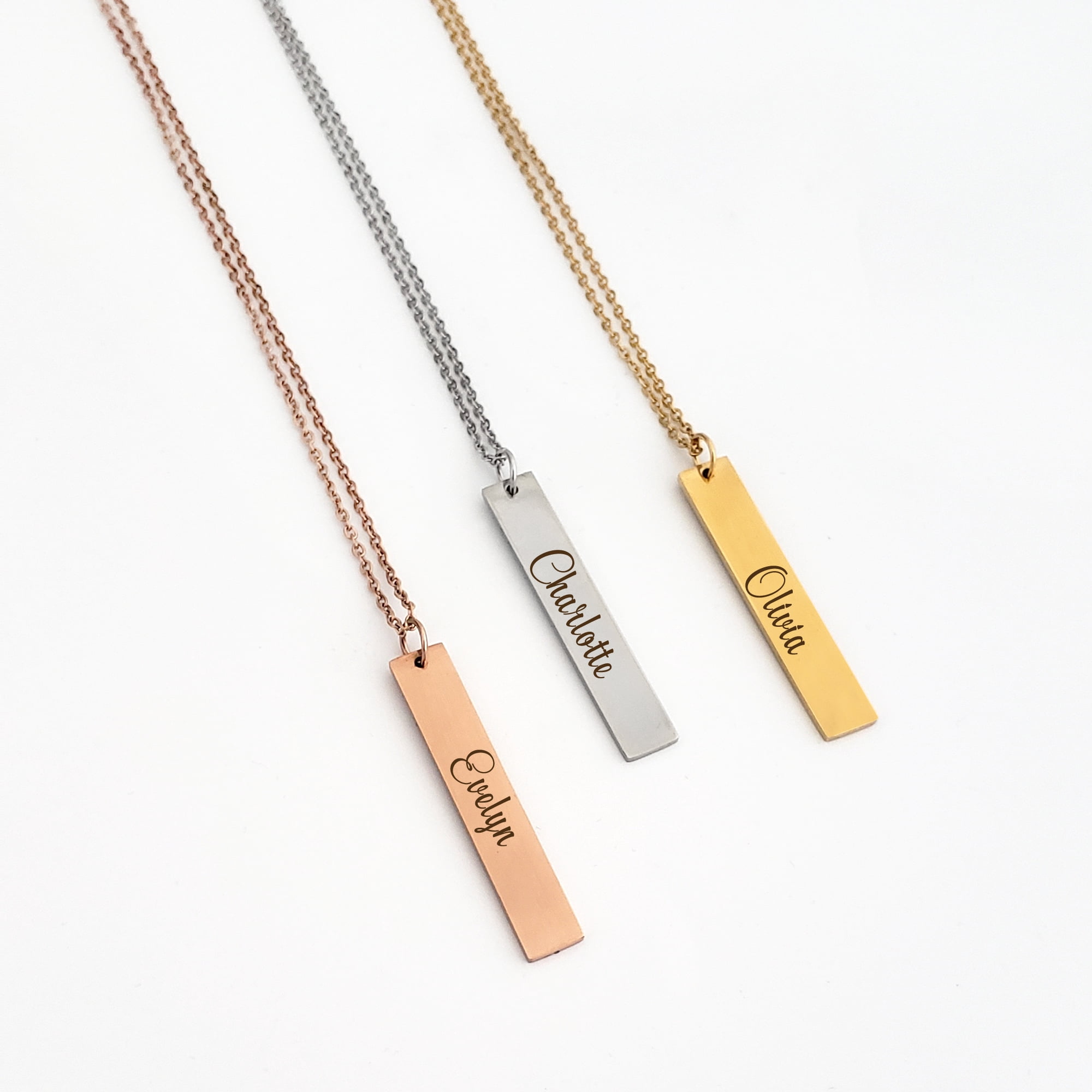Personalized Women's Stainless Steel Gold Vertical Bar Name Necklace Custom Made Birthday Gift for Girlfriend Engravable Gift for Mom Free Jewelry Gift Box Ships Next Day