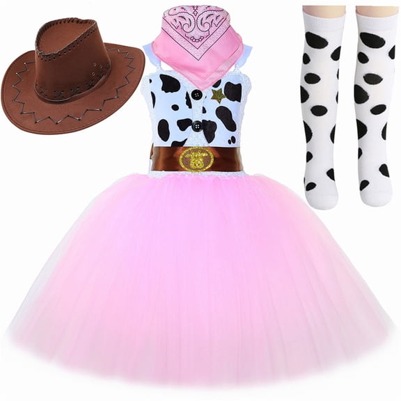 SUXIAN Girls Halloween Cowgirl Tutu Dress Denim Print with Hat and Scarf Costume Set for Kids Halloween Cosplay Party Role‑Play Holiday Dress‑Up