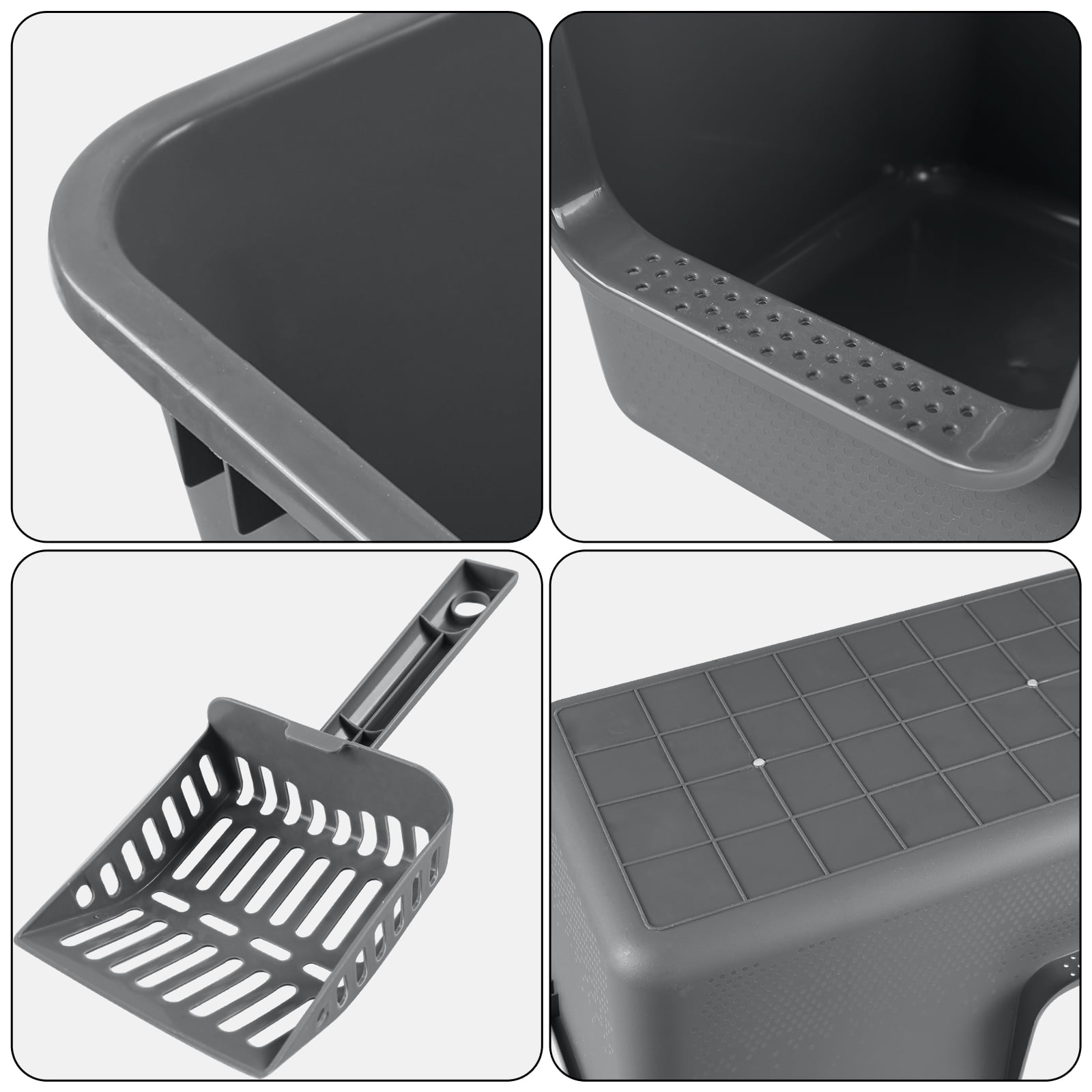 Gloreen 4-Pack Large Cat Litter Box with High Sides, Plastic Open Top Cat Litter Box, Grey