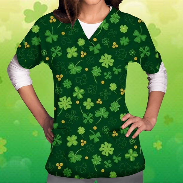 Womens St. Patrick's Day Scrub_ Tops,Four-Leaf Clover Print Short ...