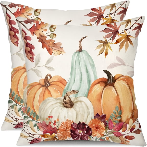 AUQ 2026 New Fall Pillow Covers 18X18" Set of 2 Orange White Pumpkin Fallen Leaves Decorative Outdoor Throw Pillow Covers Autumn Thanksgiving Farmhouse Decoration for Home Couch