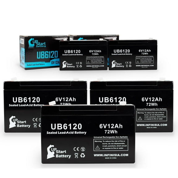 5x Pack - Compatible BEST TECHNOLOGIES LI1800 Battery - Replacement UB6120 Universal Sealed Lead Acid Battery (6V, 12Ah, 12000mAh, F1 Terminal, AGM, SLA) - Includes 10 F1 to F2 Terminal Adapters