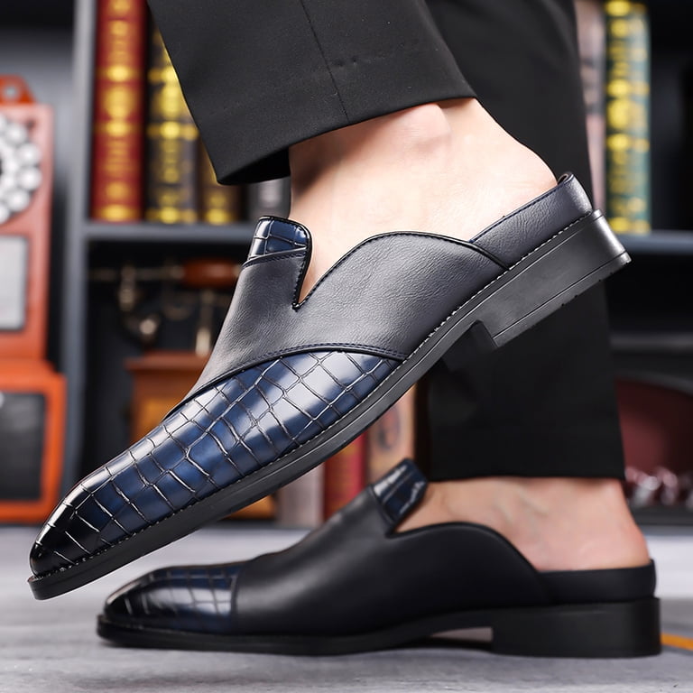 Men's Two-Tone Brown Croc Embossed Backless Mule Loafers, Slip On
