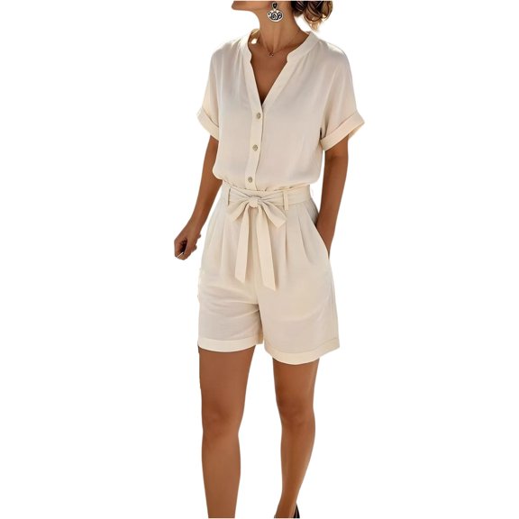 JULMCOMO Cotton Linen Rompers for Women V Neck Button Down Loose Fit Casual Jumpsuits Short Sleeve Tie Waisted Summer Overalls with Pockets Beige M